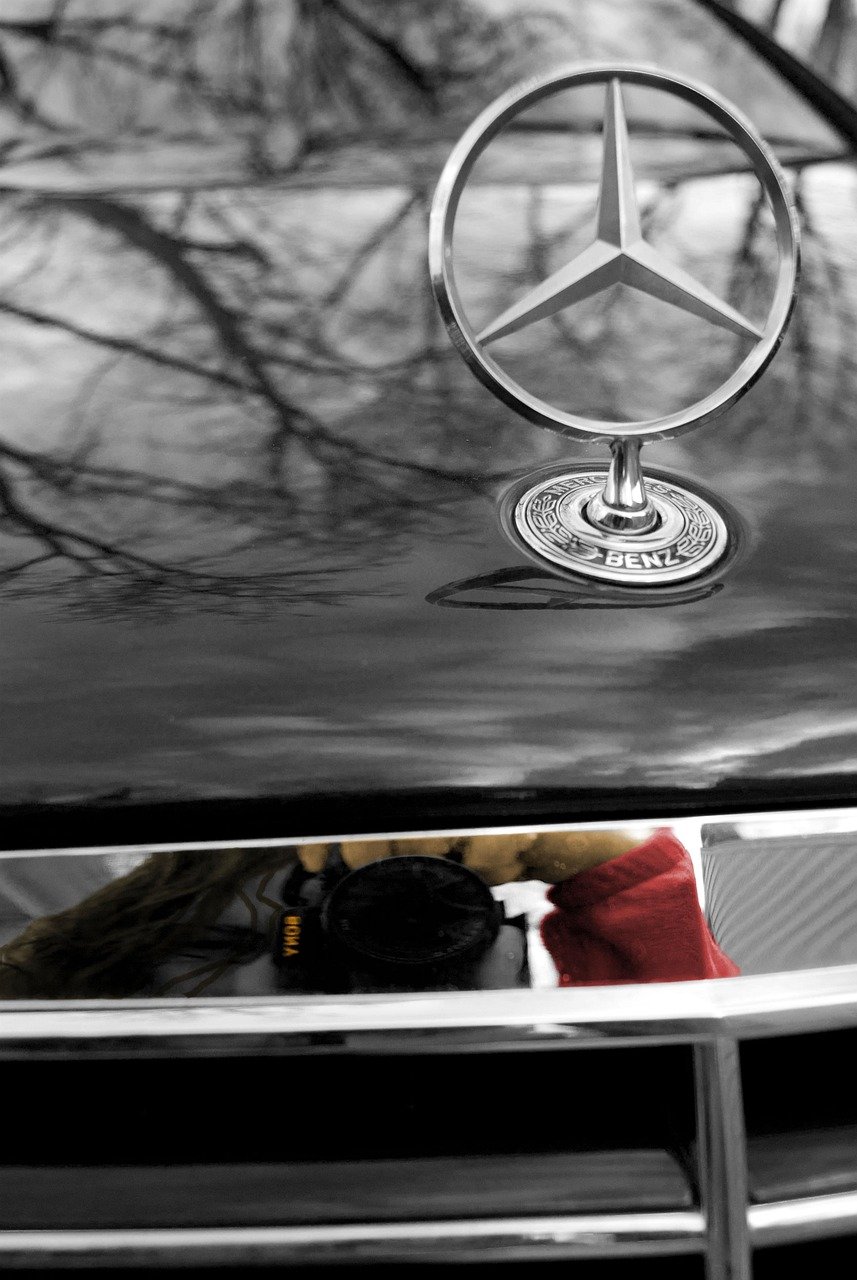 benz, car wallpapers, daimler, black and white, brand, star, car, auto brand, make of car, self-portrait, gray stars
